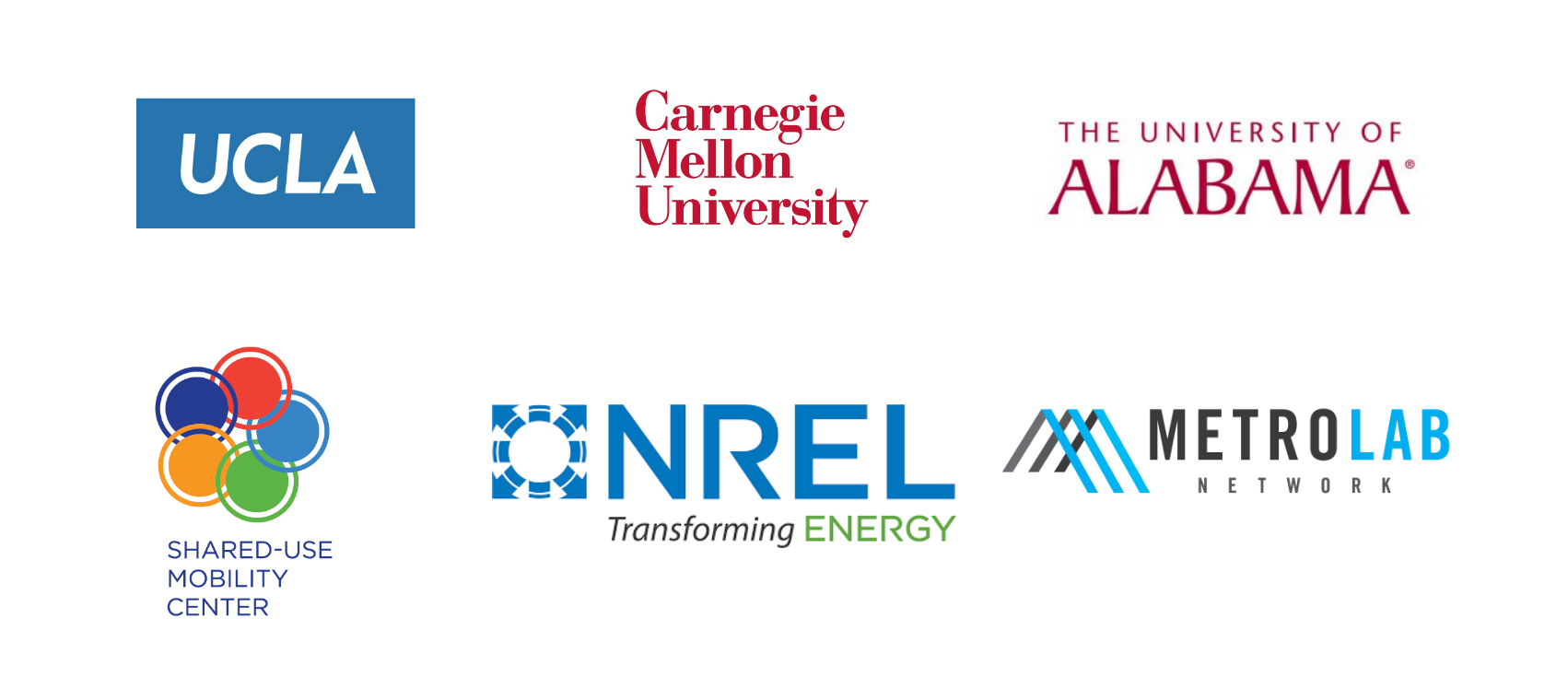 Center of Excellence on New Mobility and Automated Vehicles consortium partners include UCLA, Carnegie Mellon University, Shared Use Mobility Center, National Renewable Energy Laboratory, Metrolab Network, University of Alabama.